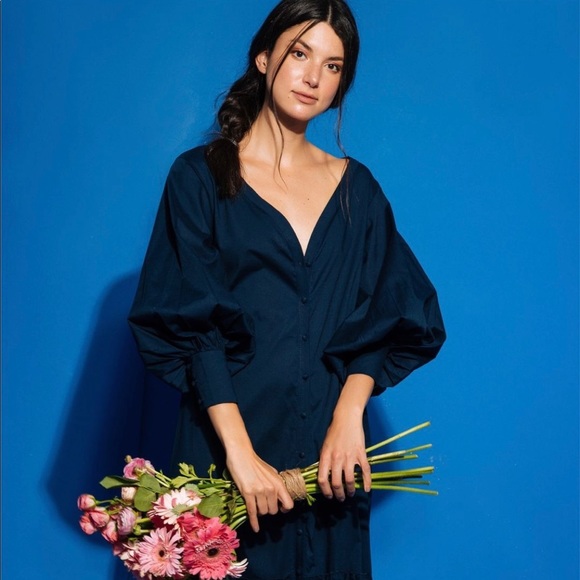 Kleid for Her Dresses & Skirts - Kleid for Her Sarah Midi Dress in Navy Blue Ruffle Ballon Sleeve Size Small